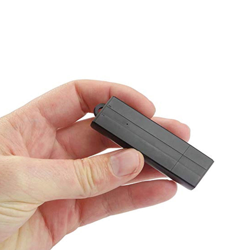 Tiny Covert USB Audio Recorder as USB stick in hand to show size comparison