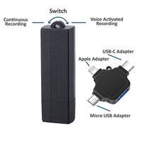 Tiny Covert USB Audio Recorder as USB stick with button labeled and micro usb adapter
