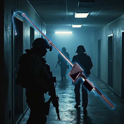 Tactical officers using the VPC Tactical Pole Camera in a dark hallway, inspecting under a door with the LCD screen displaying a live feed